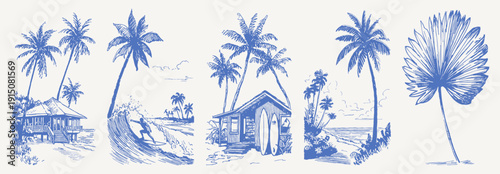 Surf house palms vintage hand drawn crayon sketch. Line drawing set with stilt bungalow, surfer on wave, beach hut and fan leaf. Retro summer island travel graphics.