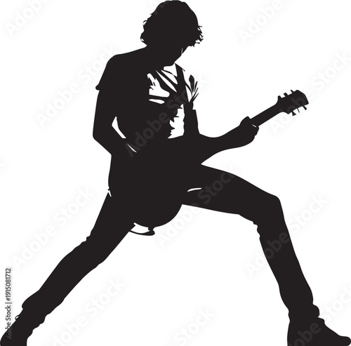Black silhouette of a guitar player, isolated on a white background. Clean vector illustration ideal for music, performance, band, and minimalist graphic design projects.