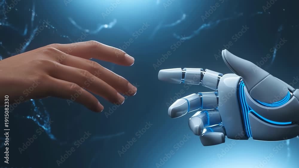 Human hand reaching out to a robotic hand in a futuristic setting ...