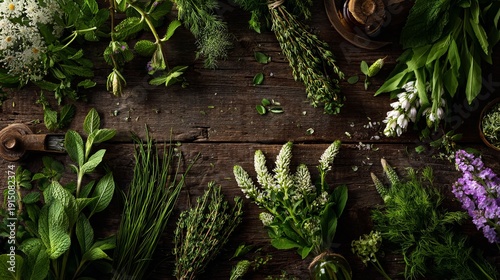 Fresh Spring Herbs and Flowers on Wooden Table