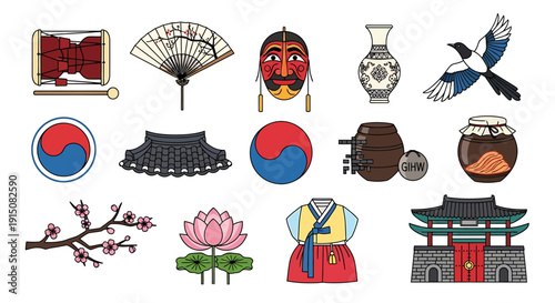 Illustrative collection of traditional Korean cultural symbols, iconic artifacts, and representative elements, showcasing the rich heritage, history, and vibrant artistry of Korea
