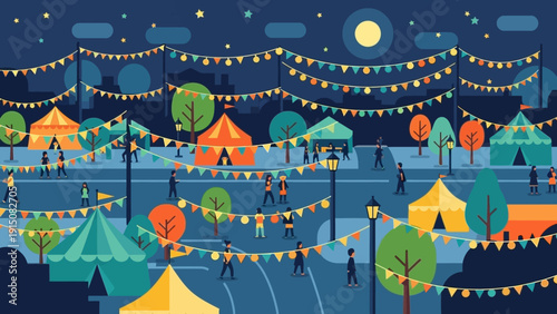 Night festival with tents and people enjoying the outdoor event.