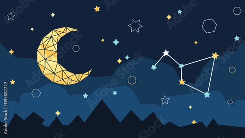 Night Sky with Crescent Moon and Constellation.
