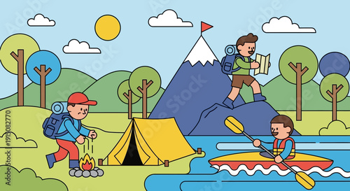 Outdoor Adventure Scene with Camping, Hiking, and Kayaking Activities.