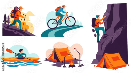 Outdoor adventure activities set with hiking, cycling, rock climbing, kayaking, and camping scenes.