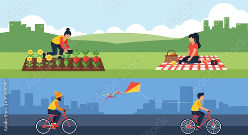 People engaging in various outdoor leisure activities like gardening, picnicking, cycling, and flying a kite.