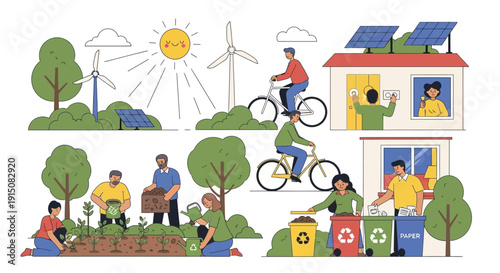 People engaging in various eco friendly activities and sustainable living practices.