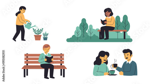 People engaging in various relaxing activities like watering plants, reading, and drinking coffee.