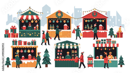 People enjoying a festive Christmas market with decorated stalls and holiday cheer.