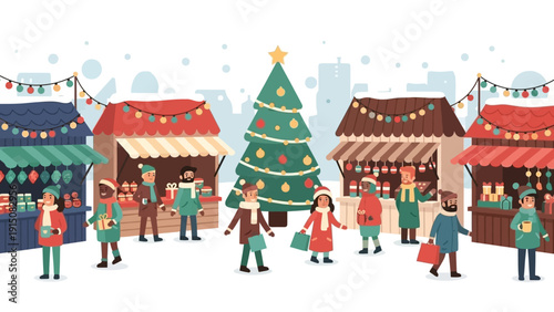 People enjoying a festive Christmas market with stalls and a decorated tree.