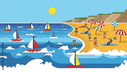 People enjoying a sunny day at the beach with sailboats on the water.