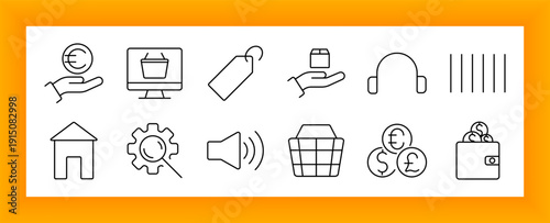 Ecommerce and digital services set icon. Includes hand with euro, monitor, tag, headset, barcode, house, gear, magnifier, speaker, wallet, and coin icons