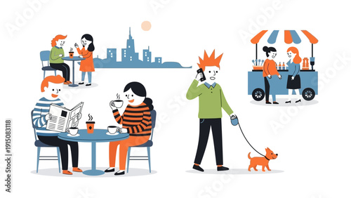 People enjoying various outdoor activities in a city setting.