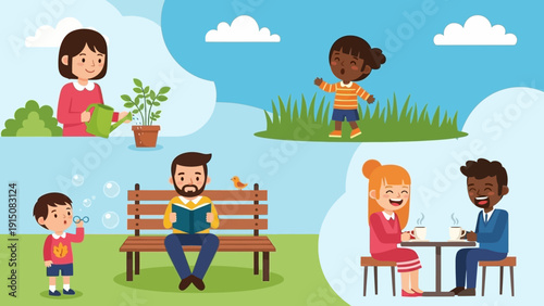 People enjoying various leisure activities outdoors and interacting.