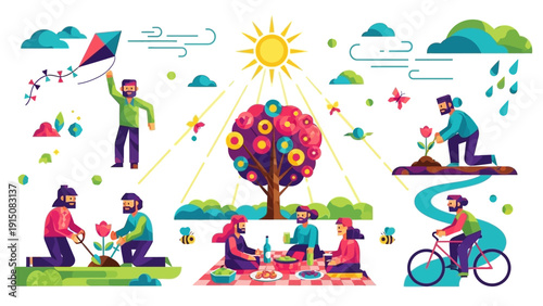 People enjoying various outdoor activities in a vibrant park setting during spring or summer.