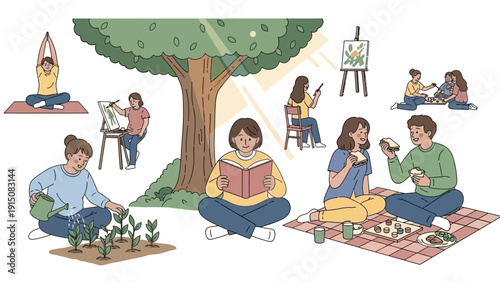 People enjoying various outdoor hobbies and leisure activities under a tree.