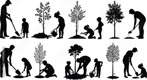Family Gardening and Tree Planting Silhouettes Collection, Parents and Children Outdoor Reforestation Activity, Environmental Conservation Vector Illustration Set
