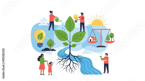 People Nurturing a Growing Plant with Water and Light, Symbolizing Environmental Care and Sustainable Development.