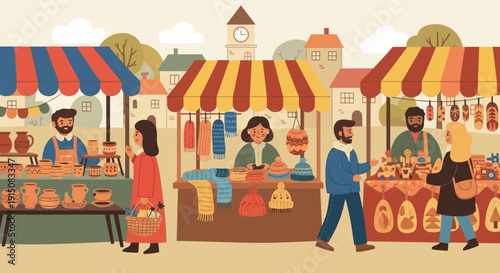 People shopping and selling at a vibrant outdoor market.