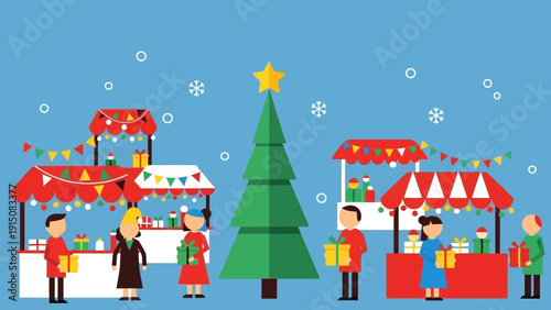 People shopping at a festive Christmas market with a large Christmas tree.