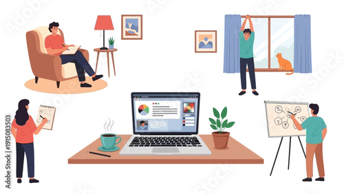 People working from home and engaging in various activities.