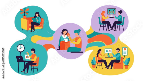 People working remotely and collaborating in various settings.