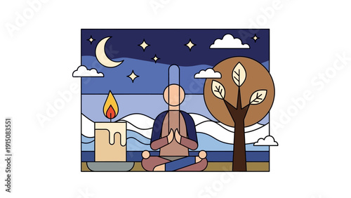 Person meditating with a candle under a night sky.