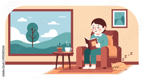Person reading a book comfortably in an armchair at home.