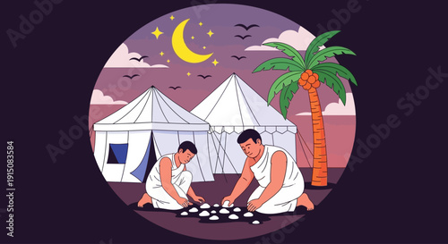 Two men playing a board game under the stars in a desert camp surrounded by tents and a palm tree