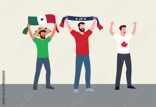 Three men proudly holding national flags above their heads in celebration of cultural identity and unity