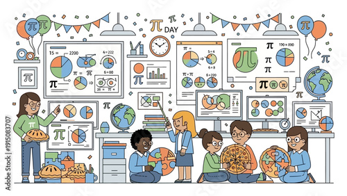 Pi Day Celebration with Teacher and Students Learning Mathematics.