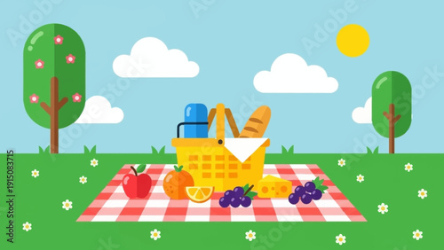 Picnic basket with food and drink on a checkered blanket.