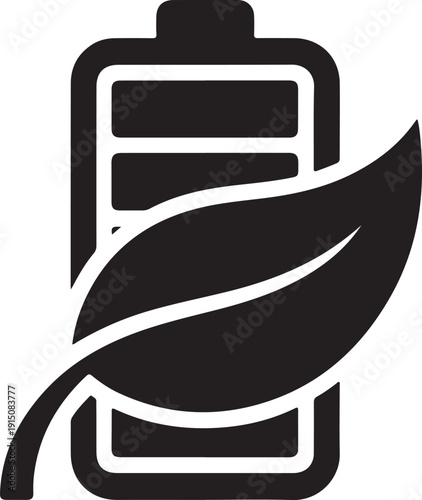 A stylized representation of a battery with a leaf integrated into its design. isolated on white background, illustration