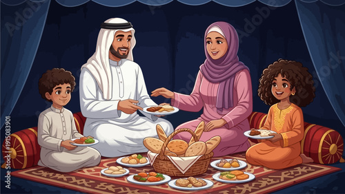 Family Sharing Meal Together in Tent on Carpet during Cultural Celebration
