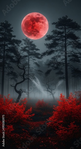 Red moon rises over misty forest with tall trees and red foliage at nighttime