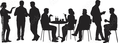 People socializing in cafe, friends talking and drinking coffee silhouettes isolated on white background casual meeting illustration