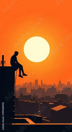 Man sitting on rooftop edge overlooking cityscape during orange sunset