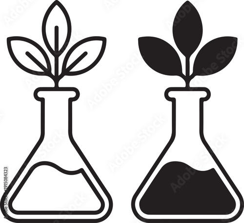 Two laboratory flasks with plants growing from them, one with clear liquid and one with dark liquid isolated on white background, illustration