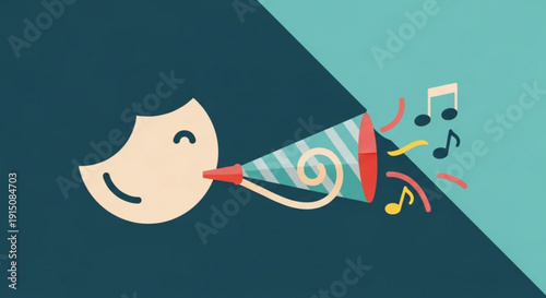 Smiling face speaks through megaphone with musical notes on colorful background with dark blue and light blue tones