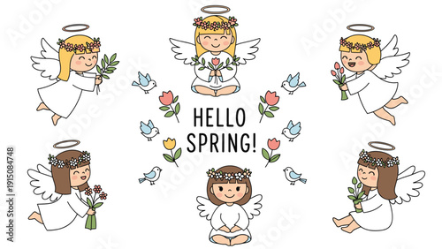 Adorable little angels with golden and brown hair celebrate the arrival of spring with colorful flowers and blue birds.