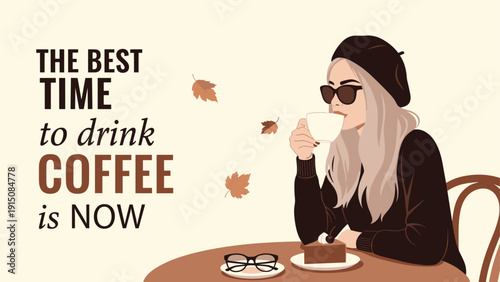 Elegant woman wearing a black beret and sunglasses enjoys a cup of coffee and chocolate cake during a breezy autumn day.