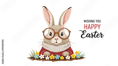 Cute bunny rabbit wearing a cozy red sweater and brown glasses peeks out from a bed of colorful spring flowers.