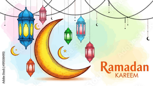 A serene Ramadan scene with a golden crescent moon surrounded by colorful lanterns hanging from above in a festive atmosphere viewed from below