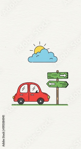 Red car driving under sunny sky with directional road signs