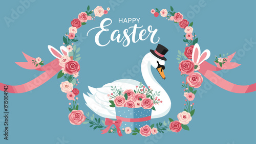 Elegant white swan wearing a black top hat and pink bunny ears floats within a beautiful floral wreath for Easter.