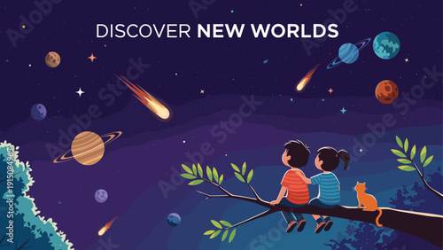 Two young children sit on a tree branch with their pet cat to watch a spectacular night sky full of planets and comets.