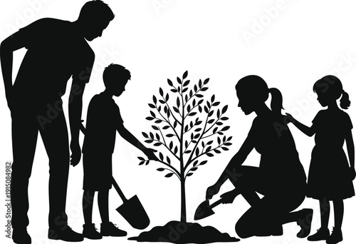 Family planting young tree silhouettes, parents and children gardening together, eco growth and environmental care concept, black vector isolated on white background