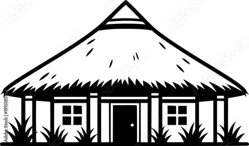 Tropical Thatched Hut Silhouette - Coastal Island Bungalow and Travel Destination Vector