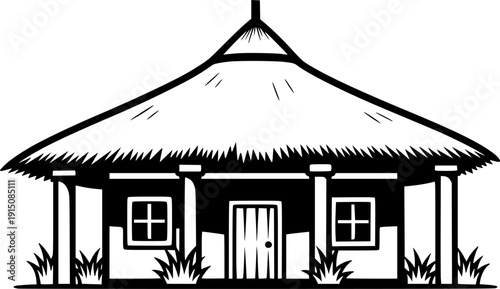 Tropical Thatched Hut Silhouette - Coastal Island Bungalow and Travel Destination Vector