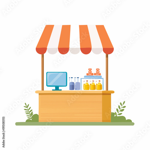 Cartoon booth with awning and merchandise display